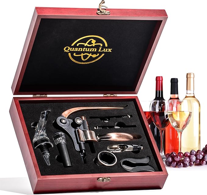 Wine Bottle Opener Set with Accessories Matte Bronze in Wood Box, Aerator, Extra Screws, Foil Cutter, Pourer, Vaccu Stopper, Winged Wine Opener, Rabbit Red Wine Corkscrew Set (Matte Bronze)