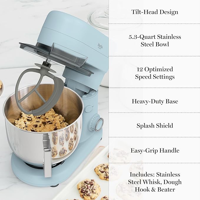 Martha Stewart Tilt-Head Stand Mixer, 12 Speed, 5.3QT Stainless Steel Bowl, Splash Guard with Pour Chute, Whisk, Dough Hook, Flat Beater, Electric Kitchen Baking Mixer, Bread, Cake, Whip, Sky Blue