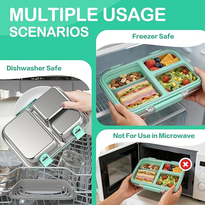 BABHAMNESS Stainless Steel Bento Lunch Box for Kids Adults, 3 Compartments Metal Bento Box with Transparent Lid & Silicone Container for Kids,Dishwasher-Safe,School & Travel,BPA-Free(Blue)