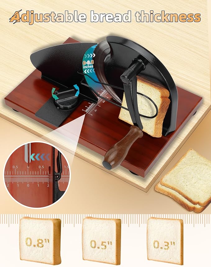 Redants Manual Bread Slicer for Homemade Sourdough Bread, Versatile Hand Crank Bread Slicer, Adjustable Thickness for Smooth Cutting, Food Grade Stainless Steel (Black)