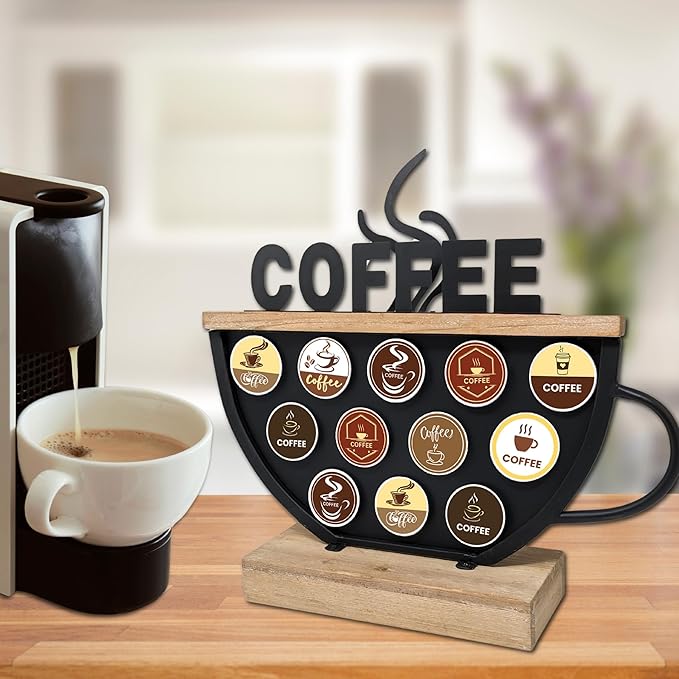 Black Coffee Pod Holder compatible with K-Cups – Metal & Wood Coffee Bar Functional Décor, Café Station Countertop Storage, Space-Saving Coffee Rack, Great Gift for Coffee Lovers, Home, Office, Café