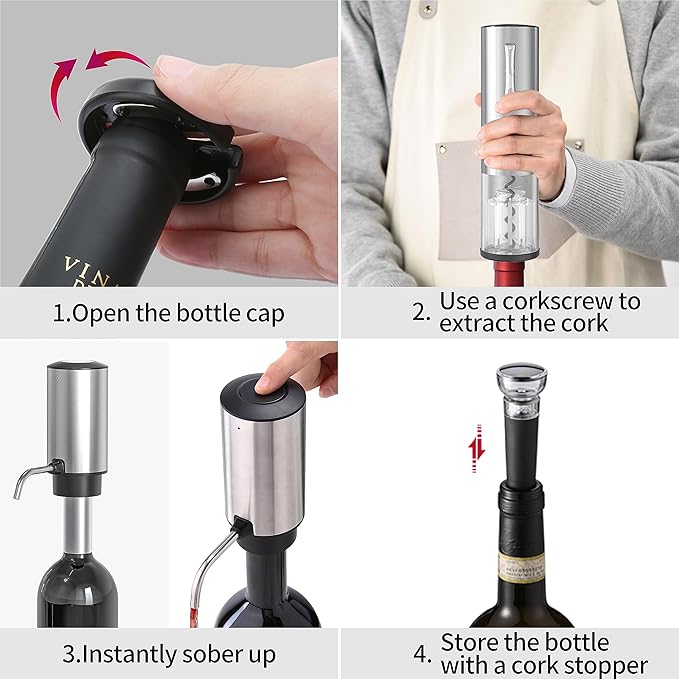All-in-1 Electric Wine Opener Set with Rechargeable Wine Opener, Rechargeable Wine Aerator Pourer, Foil Cutter and Vacuum Wine Stopper, Ideal gift for Wine Lovers（Silver）