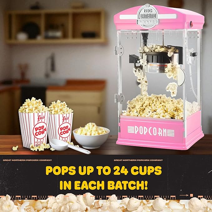 Big Bambino Popcorn Machine - Old-Fashioned Popcorn Maker with 4-Oz Kettle, Measuring Cups, Scoop, and Serving Cups by Great Northern Popcorn (Pink)
