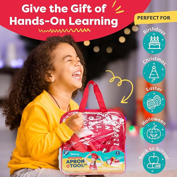Baketivity Kids Chef Hat and Apron Set for Boys & Girls - One Size Fits All (Adjustable) - Premium, Washable Apron and Hat Set for Cooking - Young Chefs & Junior Bakers Chef Outfit for Kids