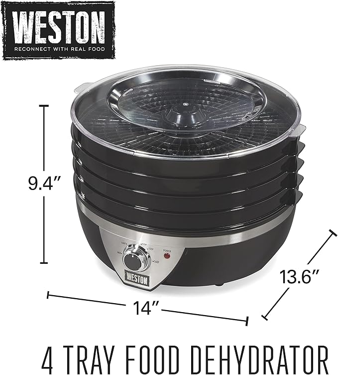 Weston Food Dehydrator Machine for Jerky, Fruit, Meat, Herbs, Vegetables, with Temperature Control (100-160F), 4 Stackable Trays (3 Sq. Ft.), Black & Stainless Steel Accents (75-0640-W)