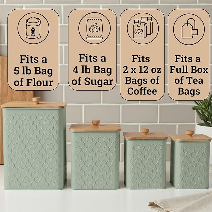 Kitchen Canisters for Countertop Set of 4 - Textured Iron Kitchen Canisters with Airtight Lids - Flour Sugar Canister Set - Flour and Sugar Containers Farmhouse - Coffee Jar for Counter - Green Jar x4