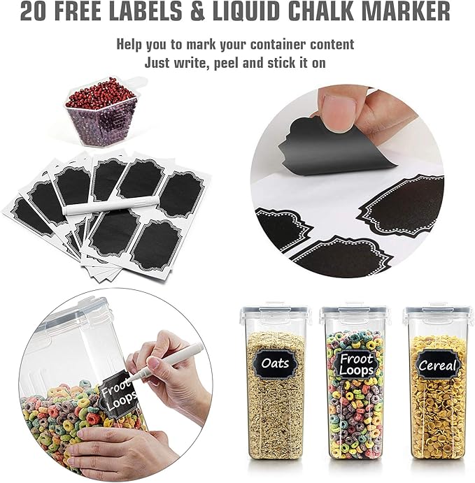 Wildone Cereal Storage Containers Set, Large BPA Free Plastic Airtight Food Storage Containers 4L /135.3oz for Flour, Sugar, 6 Piece Set Cereal Dispensers with 20 Labels & Marker, Grey