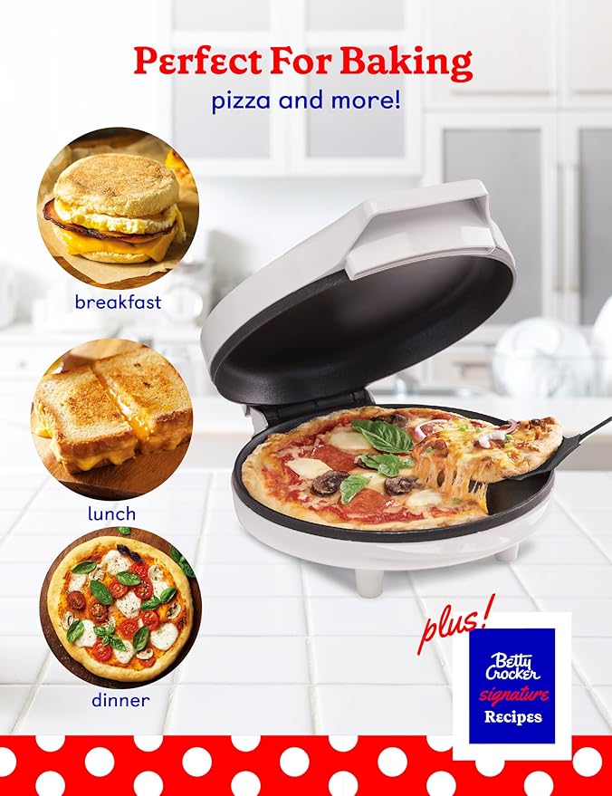 Betty Crocker 8" Travel Pizza Maker Plus, Indoor Electric Grill With Insulated Travel Bag, Nonstick Pan for Pizzas, Quesadillas, Nachos and more, Personal Pizza Machine for Delicious Meals, White
