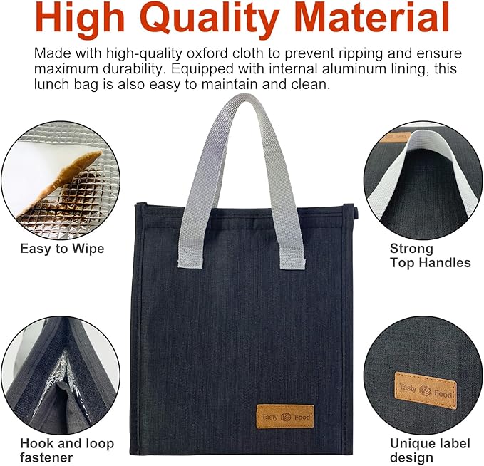 Mziart Minimalist Lunch Bag, Reusable Insulated Lunch Box for Women Men Leakproof Simple Bento Tote Adults Cooler Bag for Work Office Picnic or Travel (Black)