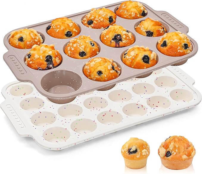 2 Pcs Silicone Muffin Pans for Baking with Metal Reinforced Frame, Nonstick Cupcake Tray for Oven, 12 Cups Regular and 24 Cups Mini Size Silicone Molds for Egg Bites (Brown, Cream)