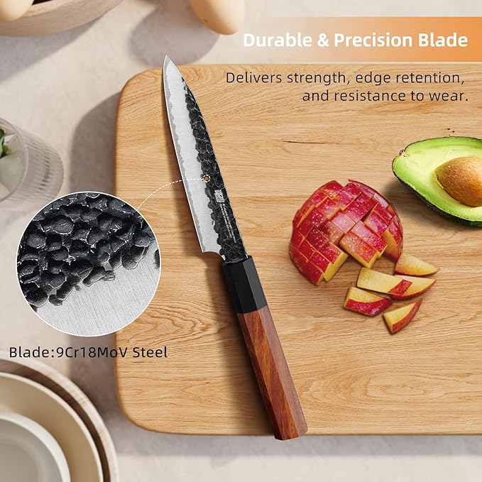 FINDKING Kitchen Utility Knife, 5 Inch Japanese Paring Knife, Small Fruit Knife with 9Cr18MoV High Carbon Steel Blade, Rosewood Octagonal Handle, for Fruits and Vegetables, Dynasty Series
