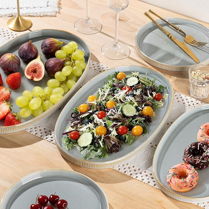 theterra Ceramic Serving Platter, 15.6"/14.4"/12.2" Oval Serving Dishes for Entertaining, Oven Safe, Microwave Safe, Serving Plates Set of 3 for Wedding, Party, Turkey, Desert Sage