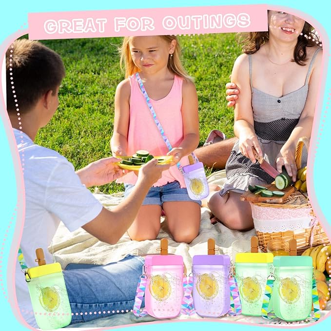 Patelai 8 Pcs 10oz Cute Water Bottles with Straw Kawaii Ice Cream Cups Leak Proof Drinking Bottles with Adjustable Shoulder Strap for Sports Travel Camping(Cute Style)