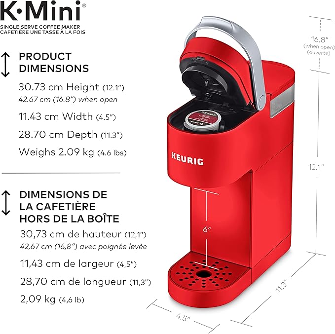 Keurig K-Mini Single Serve K-Cup Pod Coffee Maker, Featuring An Ultra-sleek Design, Poppy Red, 13.19in x 5.55in x 14.37in