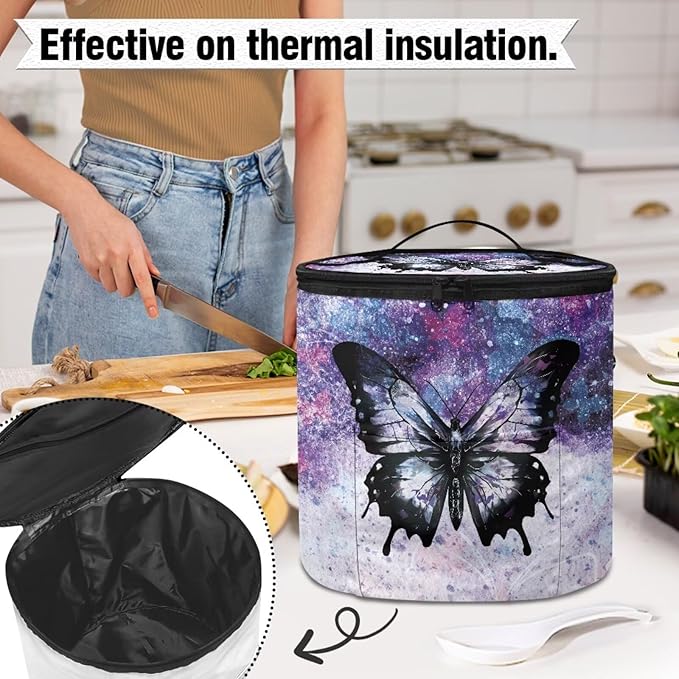 Purple Butterfly Electric Pressure Cooker Insulation Bag Smooth Flat Surface Pressure Cooker Storage Bag with Handle and Pockets