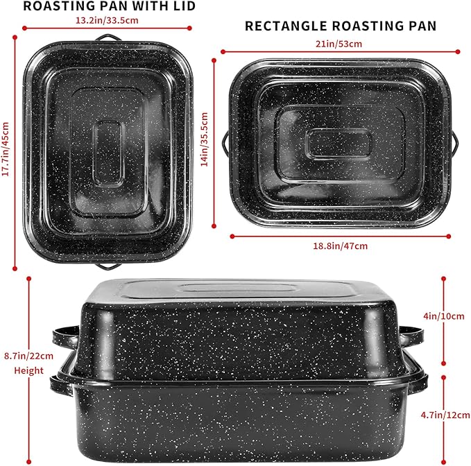 QPMR Roasting Pan with Rack, 21” Rectangular Granite Roaster Pan, 25lb Capacity, Large Roaster Pot for Baking Turkey with Versatile Lid