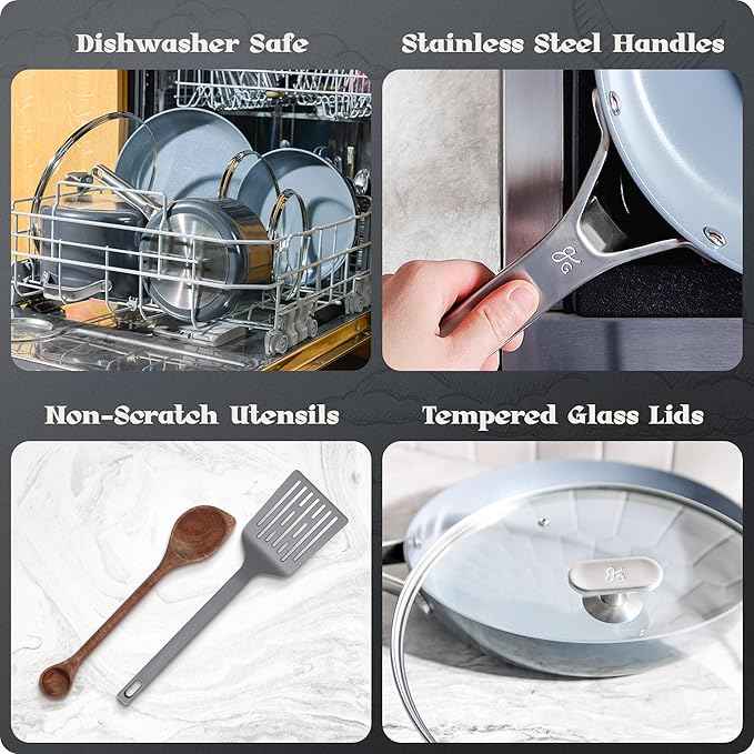 Premium Non-Toxic Ceramic Cookware Set – Triple-Layer Nonstick 12 Piece Pots and Pans with Lids, PFAS-Free, Oven Safe for Healthy Meals, Space-Saving Design, Midnight Gray Color | Greater Goods