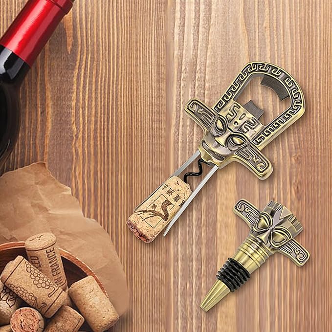 Professional Wine Opener Set for Old & Fragile Corks - 3-in-1 Cork Extractor Removes Older Wine Corks Whole & Intact, Beer Bottle Opener with Elegant Zinc Alloy Base & Stopper Set (Antique Copper)