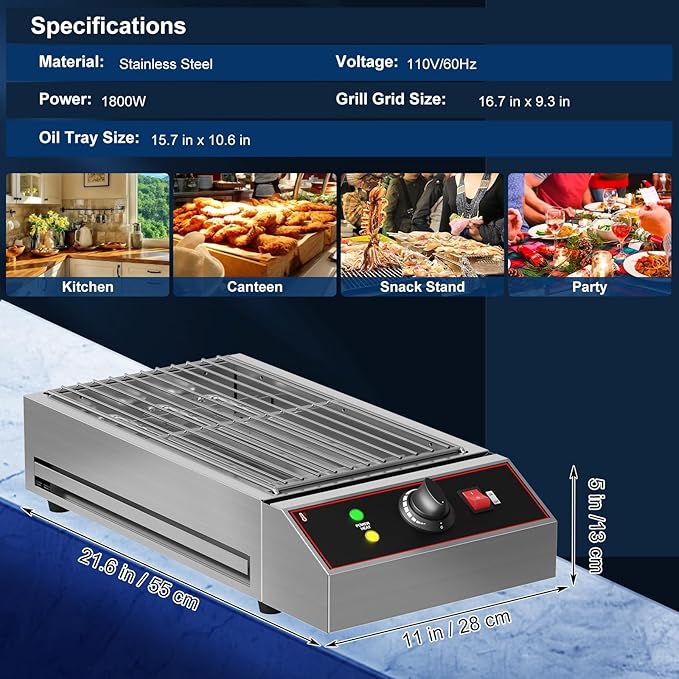 1800W Countertop Electric Grill, Smokeless Indoor Grill with Removable Griddle, Adjustable Temperature 122°F-572°F, Commercial Stainless Steel BBQ Grill for Party Restaurant Camping