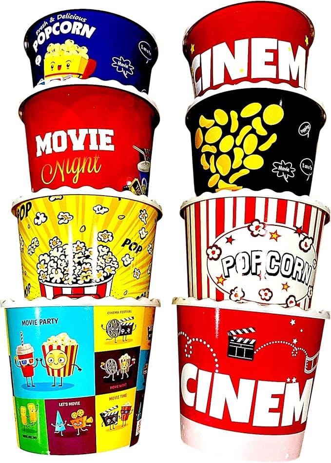 Modern Style Reusable Plastic Popcorn Box/Popcorn Containers/Popcorn Bowls Set for Movie Theater Night - (BPA Free - 8 Pack - 75 oz) (Mix 8-T)
