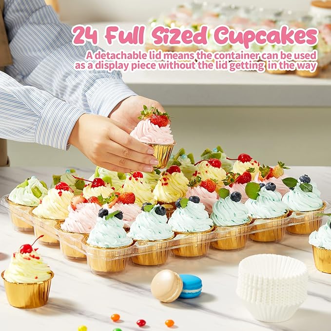 Gencywe (24 Pack x 10 Sets) Stackable Cupcake Carrier Holders with 240 Pack Cupcake Liners, Plastic Cupcake Boxes Holders for 24 Cupcakes, High Tall Dome Lid Cupcake Containers, Clear Cupcake Trays