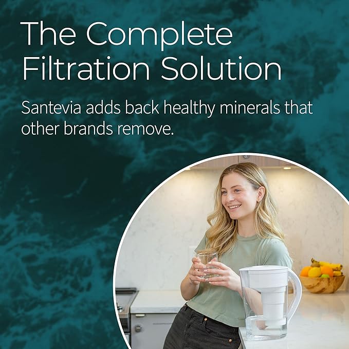 Santevia MINA Alkaline Water Filter Pitcher | 9-Cup at Water Filter System That Adds Minerals and Makes Alkaline Water | Fluoride, Chlorine and Lead Water Filter | American Filtration Media