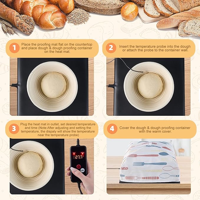 Bread Proofing Mat with Warm Cover, Sourdough Hearting Mat, Sourdough Warming Mats with Thermostat Temperature Control, 13.9" x 13.9" Bread Proofer Dough Warmer for Home Kitchen Baking