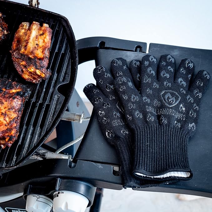 Grill Armor Oven Gloves with Fingers – Extra Long Cuff, 932°F Heat, Fire & Cut Resistant Mitts for BBQ, Grill, Cooking, Grilling, Baking & Smoker