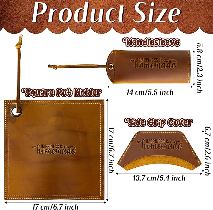 GROBRO7 3Pcs Cast Iron Skillet Hot Handles Covers Set Happiness is Homemade Panhandle Sleeve Side Grip Cover, Leather Handmade Pot Holder Heat Resistant Reusable Assist for Pan Kitchen Utensils Brown