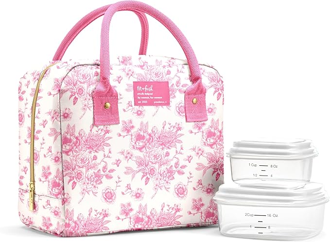 Fit & Fresh Bloomington Lunch Bag for Women - Insulated Large Lunch Box for Work with Containers, Leak-Resistant, Stain-Resistant, Zipper Closure, Pink Floral Toile