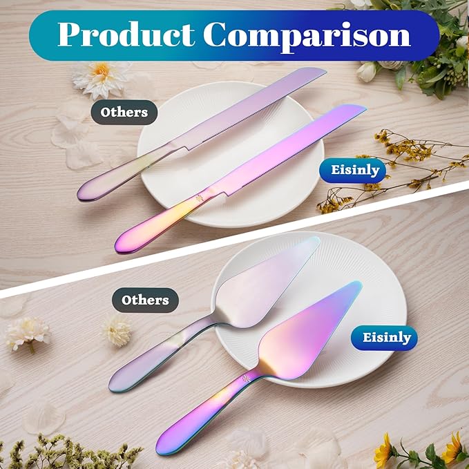 Eisinly Cake Cutting Set for Wedding, Elegant Cake Knife and Server Set with Thickened Stainless Steel Rounded Edges, Cake Cutter and Pie Spatula for Birthday Anniversary, 2 Pcs, Multipurple