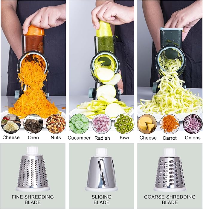 Rotary Cheese Grater Cheese Shredder, Cheese Grater Handheld with Strong Suction Base,Kitchen Vegetable Slicer 3 Replaceable Stainless Drum Blades for Fruit, Food, Nuts,Easy to Use Clean (White)