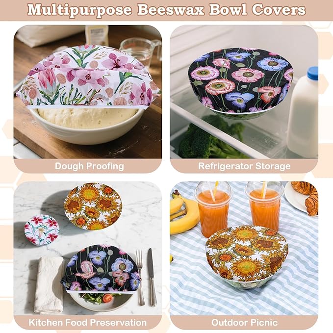5-Size Reusable Beeswax Bowl Covers for Bread Proofing, Cotton Cloth Flexible Beeswax Wraps for Food Storage(Protea Floral)