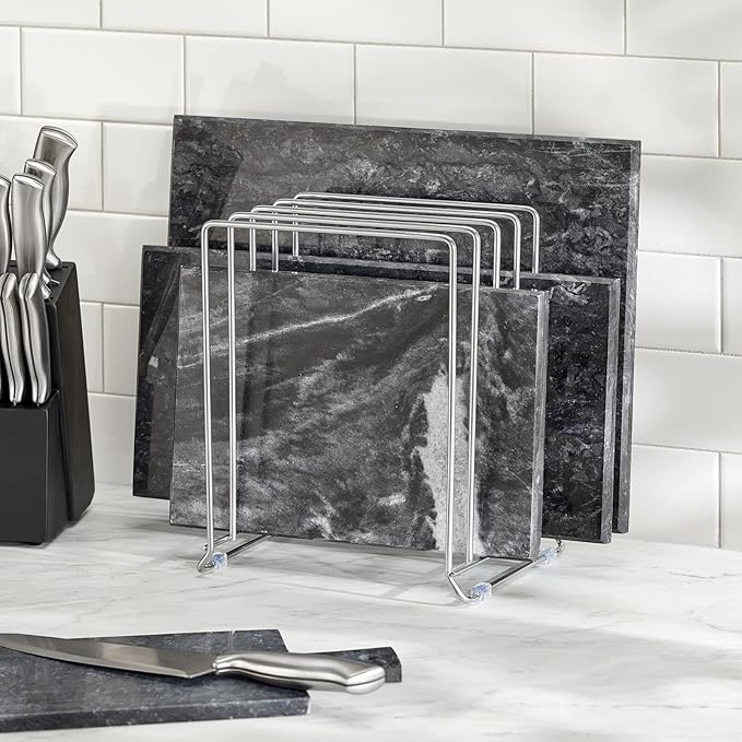 mDesign 5 Slot Pot and Pan Rack — Metal Wire Rack for Cabinets, Pantries or Kitchen Surfaces — Freestanding Pan Stand for Pans, Pots, Lids and Crockery – Silver
