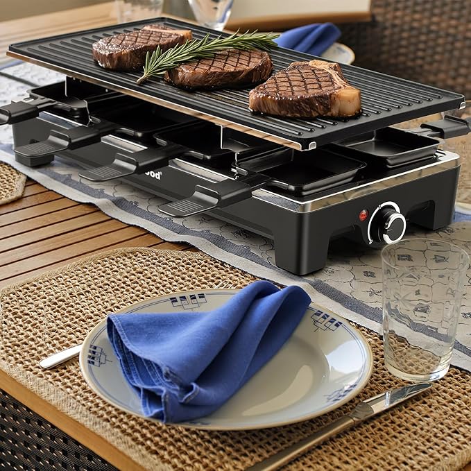 Raclette Grill, Techwood Electric Table Indoor Grill Korean BBQ Grill, Removable 2-in-1 Non-Stick Grill Plate, 1500W Fast Heating with 8 Cheese Melt Pans, Ideal for Parties and Family Fun