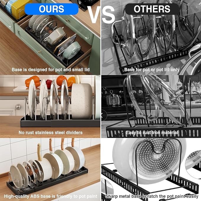 Mustorn 2 Pack Pots and Pans Organizer under Cabinet, 22" Expandable Food Storage Container Lid Organizer with 9 Adjustable Stainless Steel Dividers, ABS Base, Countertop Rack, Black