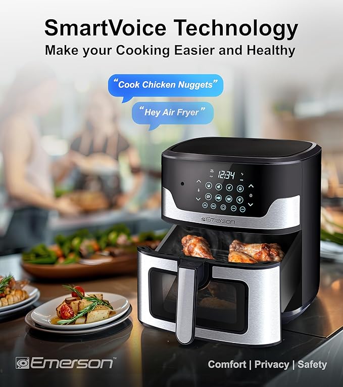 Emerson SmartVoice 5.3QT Air Fryer, 1000+ Voice Commands, 6-in-1 Digital Cooker, Compact Countertop Design, Oil-Free Healthy Cooking, Easy-Clean Nonstick Basket, 1500W