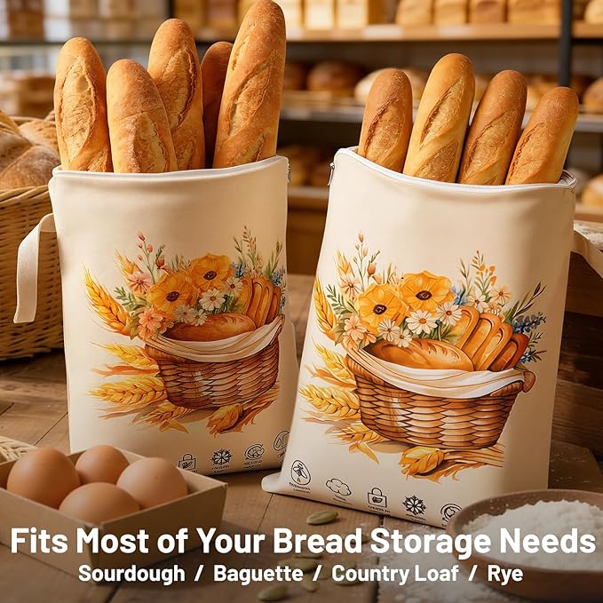 Reusable Bread Bags for Homemade Bread 2 Pack, L-shaped Zipper Beeswax Bread Bag for Easy Access, Exquisite Floral Print, Freezer Safe Breathable Cotton Beeswax Bread Bags for Sourdough