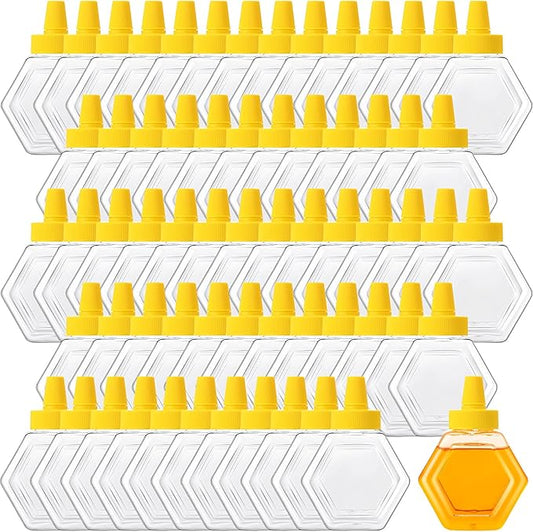Ziliny 64 Pcs 7 oz Honey Squeeze Bottle Plastic Empty Beehive Bottle Jar with Spout Lid Clear Refillable Honey Containers for Condiment Storing and Dispensing Dispenser (Hexagon)