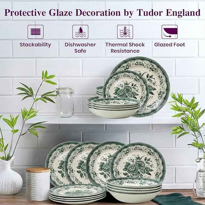 TUDOR ROYAL 12-Piece Porcelain Round Dinnerware Set, Service for 4, VICTORIA Green Design, Blue Floral, Plates Bowls Dishes, Premium Quality Tableware, Unique Pattern, Glossy