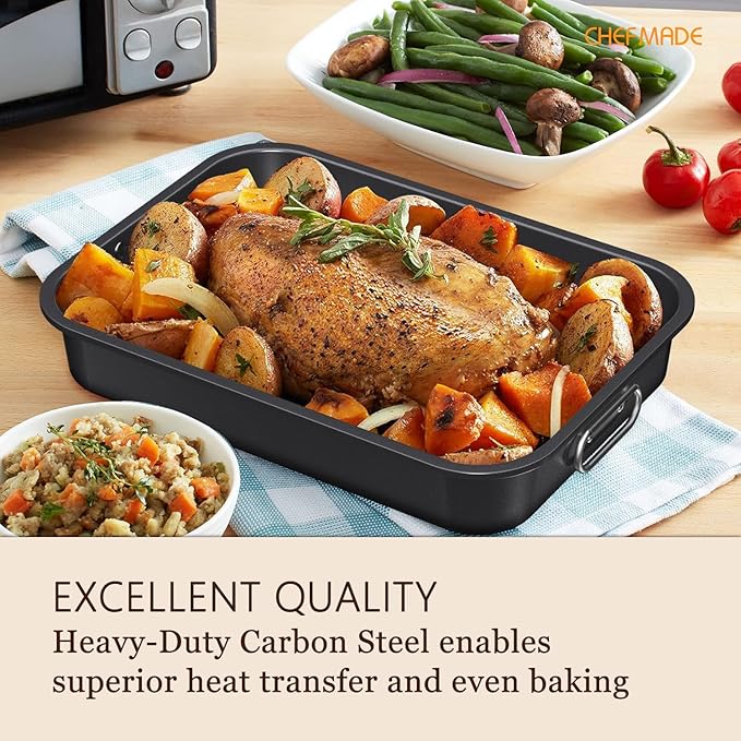 CHEFMADE Roasting Pan with Rack, 15 Inch Deep Roasting Pan, Deep Lasagna Pan for BBQ Vegetbale and Meat 15.4" x 11.2" x 2.3" (Black)
