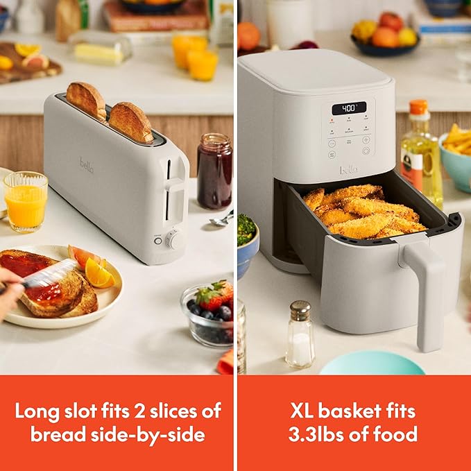 BELLA Slim 2 Slice Toaster + 4Qt Slim Air Fryer, Fits-anywhere™ Kitchenware, Small Air Fryer w 6 Preset Cooking Options and Slim Toaster w 6 Shades Control, Oatmilk