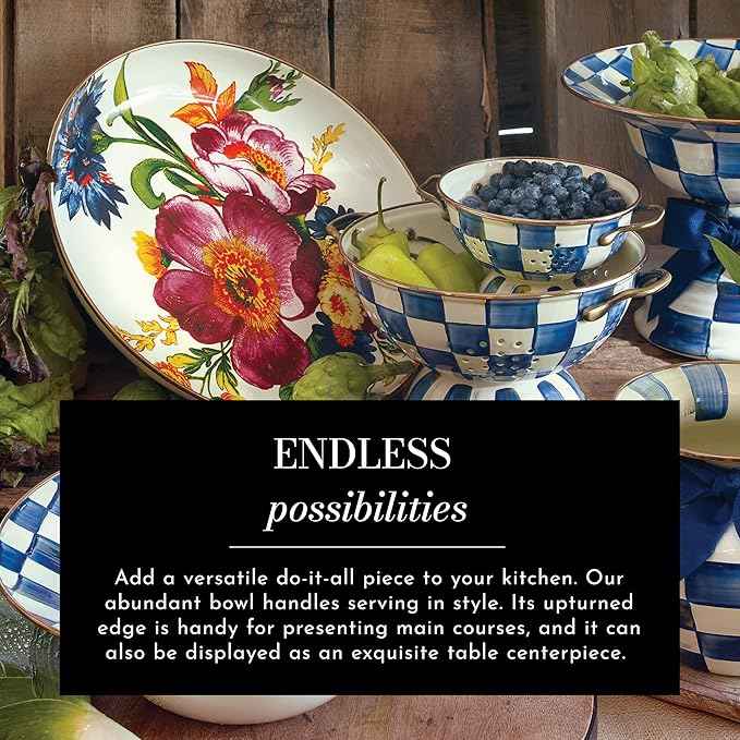 MACKENZIE-CHILDS Enamel Abundant Bowl, Decorative or Serving Bowl, 13-Cup Capacity, White Flower Market