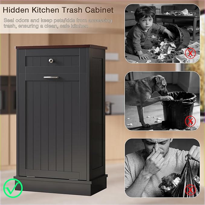 KIGOTY Tilt Out Trash Cabinet,Wooden Kitchen Trash Bin Holder Garbage Bin Recycling Cabinet Laundry Hamper with Solid Wood Countertop and Hideaway Drawer (Black)