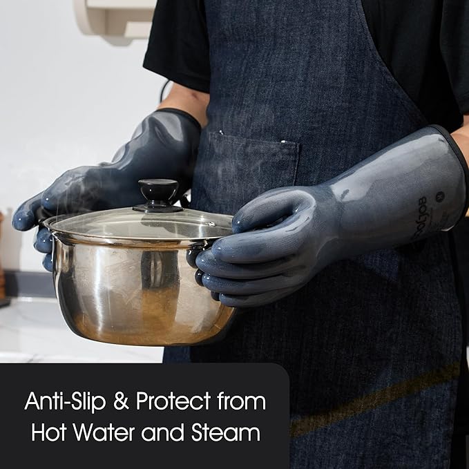 COOLJOB Heat Resistant Oven Gloves, Waterproof Liquid Silicone BBQ Grilling Gloves for Barbecue, Kitchen Cleaning, Baking, Food Contact, Black, XL