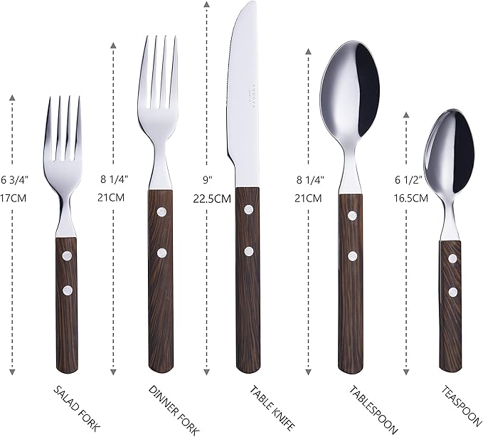 ANNOVA 20 Piece Silverware Set, Service for 4, Stainless Steel Retro/Rivet Walnut Wood Tableware Kitchen Flatware Set Utensils, Includes Dinner Knives, Forks, Spoons, Salad Forks & Dessert Spoons