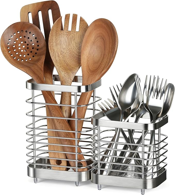 Utensil Holder, Stainless Steel Utensil Drying Rack for Kitchen Counter, Silverware Cutlery Flatware Holder Forks, Knives, Spoons, Chopsticks Organizer (Silver)