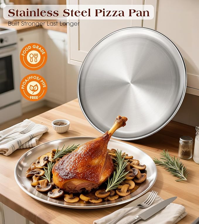 Yuiicaov Stainless Steel Pizza Pan 13½ inch, Pizza Pan for Oven, Steel Pizza Tray, Durable Round Pizza Plate Pizza Baking Sheet, Easy Clean & Dishwasher Safe, Set of 1