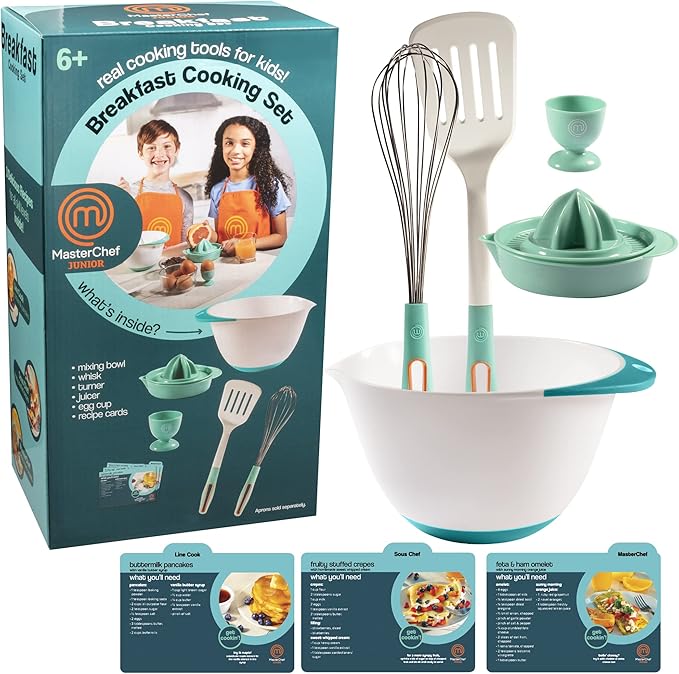 MasterChef Junior Breakfast Cooking Set- 6 Pc Kit w Real Cooking Tools for Kids & Recipes- Includes Spatula, Mixing Bowl, Whisk, Egg Cup, Juicer- Make Pancakes, Crepes & More- Fun Breakfast Essentials