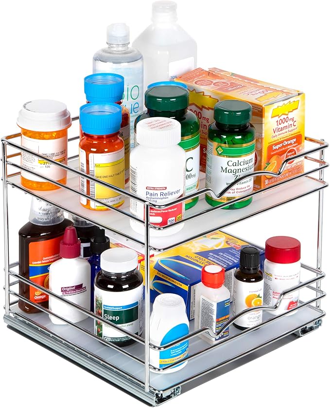 2 Tier Pull-Out Cabinet Spice Rack Organizer - Slim Slide-Out Storage for Spices, Bottles & Jars, Premium Heavy-Duty Steel, Easy Install for Narrow Kitchen Cabinets -10-1/2"Wx10-3/8"Dx8-7/8" H, Chrome